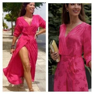 Zara Women's Floral Jacquard Long Sleeve Tie Waist Long Wrap Dress Fuchsia Sz XS